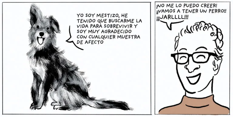 Viñetas de cómic con un perro mestizo hablando sobre su vida dura y su agradecimiento al afecto, mientras un personaje sonríe con entusiasmo por adoptar un perro.Viñetas de cómic con un perro mestizo hablando sobre su vida dura y su agradecimiento al afecto, mientras un personaje sonríe con entusiasmo por adoptar un perro.