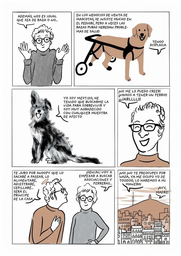 Página de cómic con varios personajes reflexionando sobre los perros de raza frente a los mestizos, incluyendo un perro con displasia y otro mestizo que agradece el cariño, destacando la decisión de adoptar.