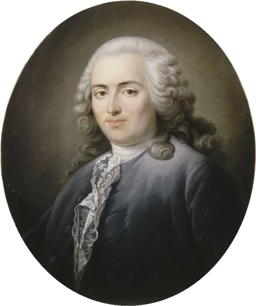 Retrato ovalado del economista y político francés Anne Robert Jacques Turgot, con peluca blanca y vestimenta del siglo XVIII, sobre fondo oscuro.