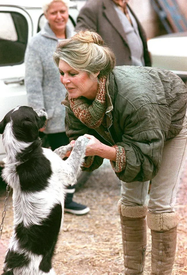 Brigitte Bardot inclinada hacia un perro blanco y negro al que da la mano, en un entorno rural, mientras varias personas observan al fondo.