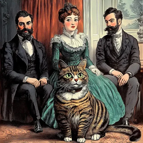 Ilustración de estilo victoriano en la que un gran gato atigrado ocupa el primer plano, sentado frente a tres personas elegantemente vestidas del siglo XIX (una mujer con vestido verde y dos hombres con traje y barba), en un interior doméstico con cortinas y decoración clásica.