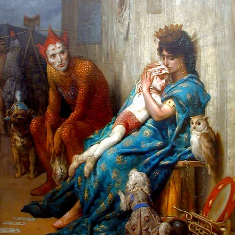 Escena pictórica simbolista con una mujer sentada vestida de azul que abraza a un niño dormido, acompañada por un personaje disfrazado de bufón en tonos rojizos; a sus pies aparecen cartas, una trompeta, un tambor y varios animales, creando una atmósfera melancólica y teatral.