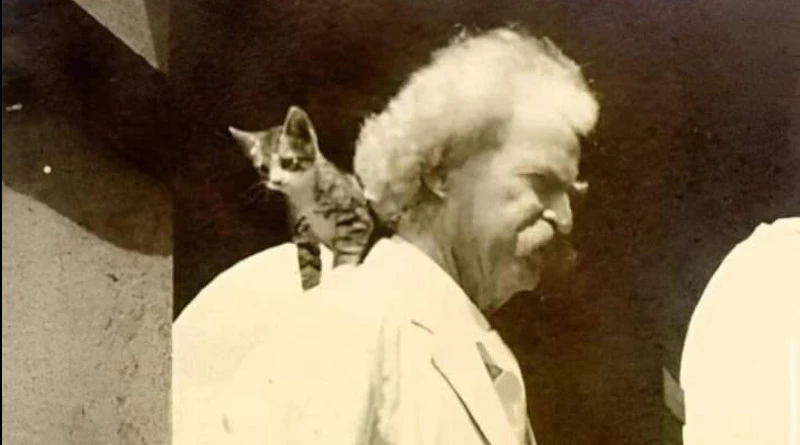 Fotografía en blanco y negro de Mark Twain con un pequeño gato apoyado sobre su hombro, mientras el escritor mira hacia un lado con gesto serio.