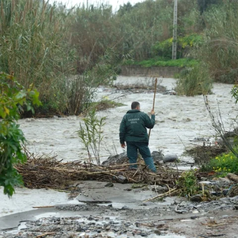 Agente de la Guardia Civil camina con una vara por el cauce de un río crecido, rodeado de vegetación y restos arrastrados por la corriente tras una crecida.