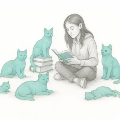 Ilustración de una niña sentada leyendo un libro rodeada de varios gatos, algunos sentados sobre libros y otros descansando a su alrededor, en una escena tranquila relacionada con el cuidado y alimentación de gatos.