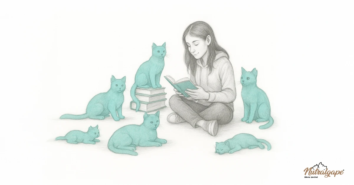 Ilustración de una niña sentada leyendo un libro rodeada de varios gatos, algunos sentados sobre libros y otros descansando a su alrededor, en una escena tranquila relacionada con el cuidado y alimentación de gatos.