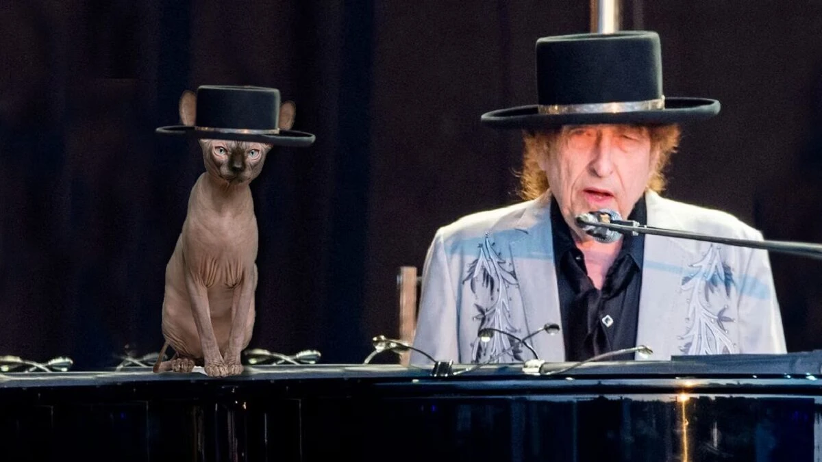 Escena de Bob Dylantocando el piano con sombrero negro mientras canta al micrófono; a su lado, un gato esfinge también lleva un sombrero similar sobre el piano.