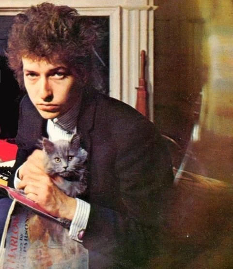 Fotografía de Bob Dylan joven sentado con gesto serio sosteniendo un gato gris en brazos, con ropa formal y un fondo interior desenfocado.