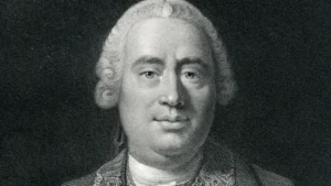Retrato grabado en blanco y negro del filósofo escocés David Hume, mostrado de frente con peluca del siglo XVIII sobre fondo oscuro.